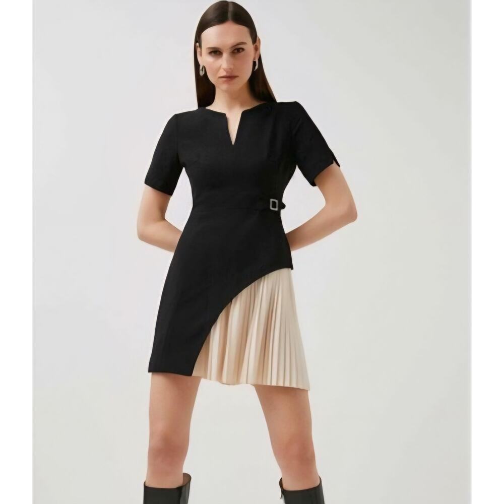 Karen Millen Size 6 Tailored Military Pleat Short Sleeve Mini Dress black cream
